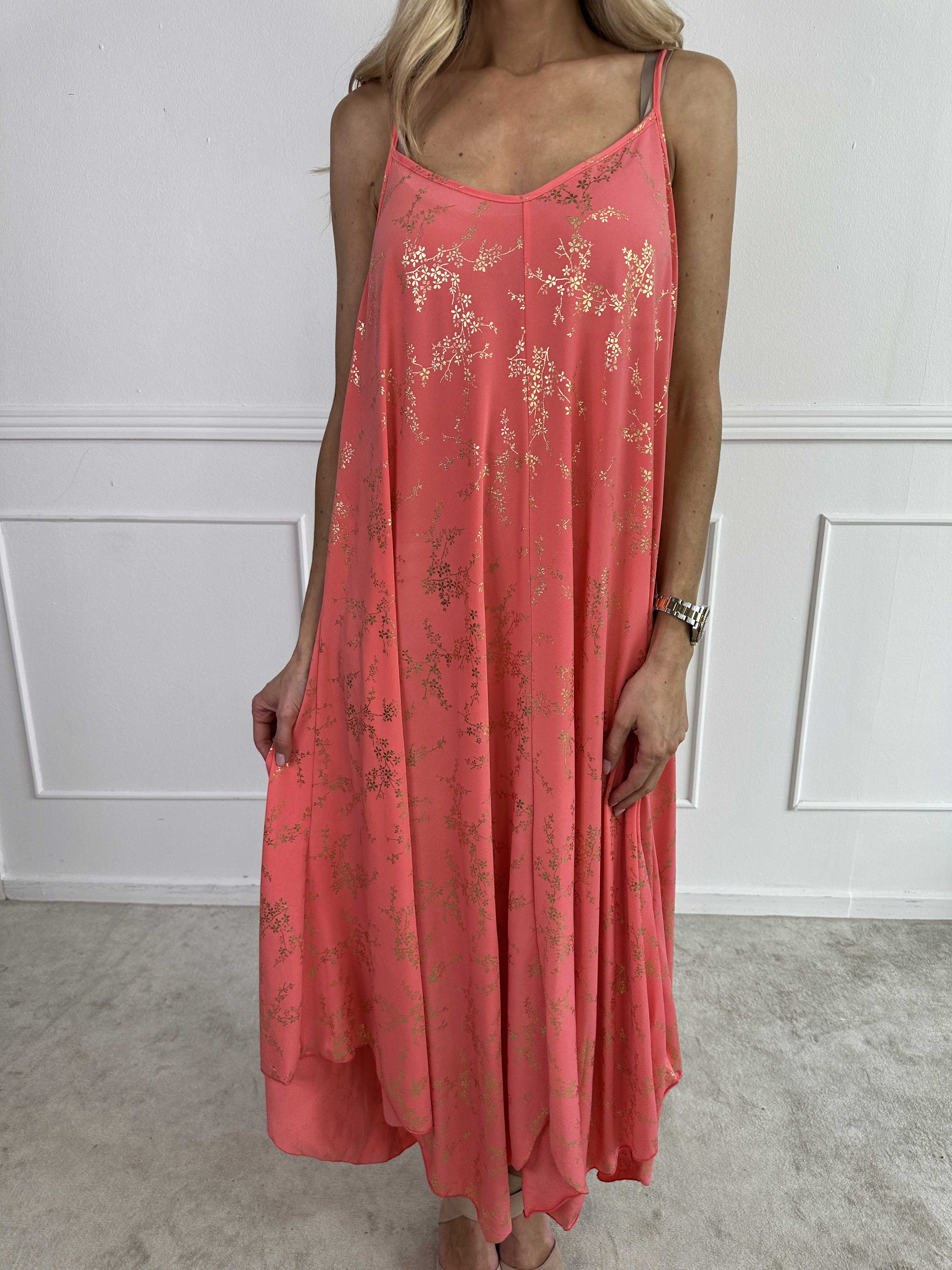 Maisie Gold - Axelremsklänning i elastiskt material med guld mönster